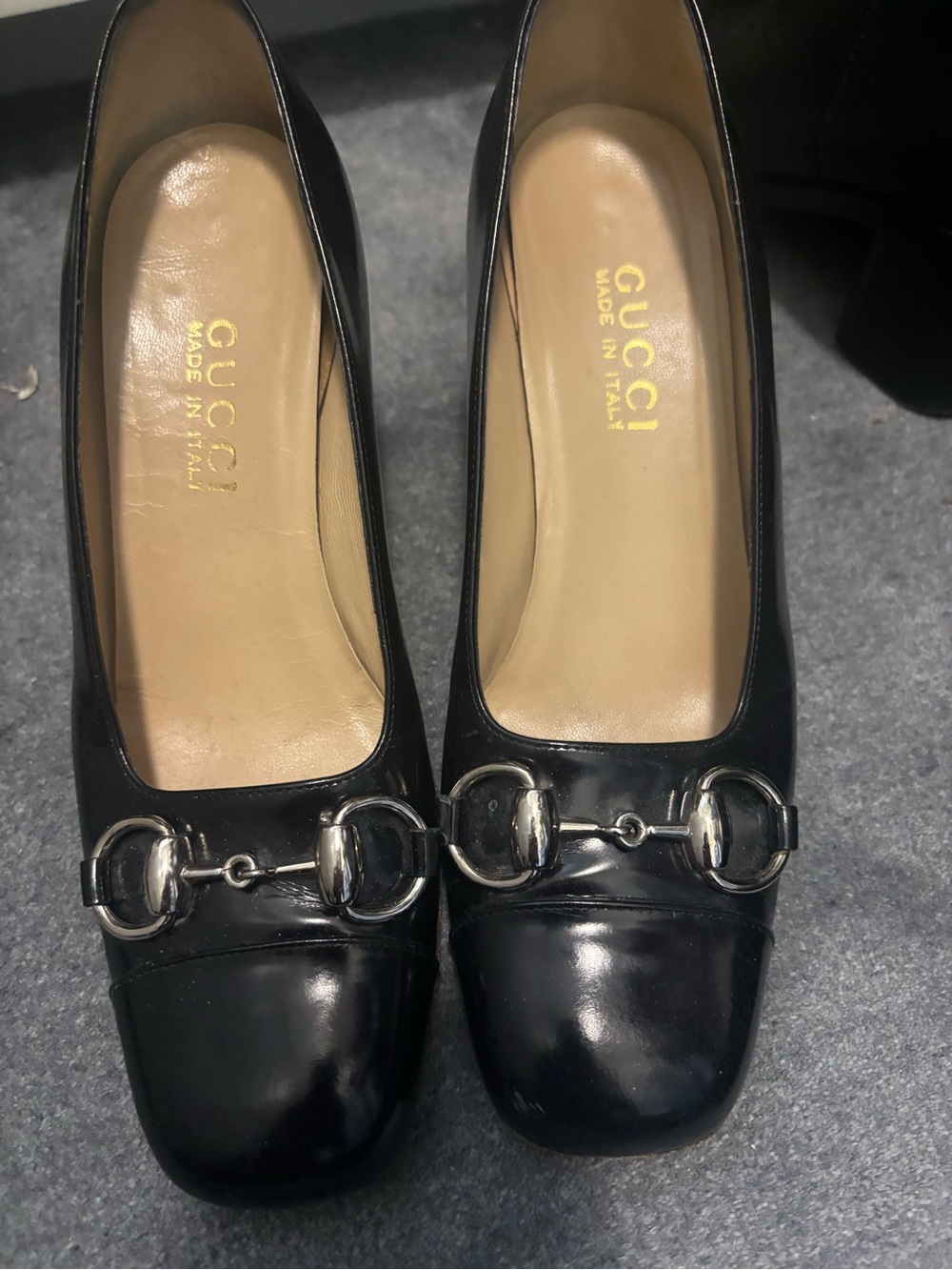 Gucci Black Leather Square-Toe Horsebit Flats